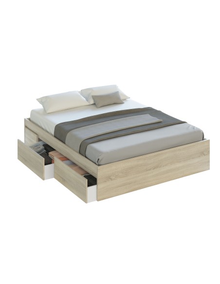 Cama Kendra 150x190 cm con 4 cajones en melamina roble canadian