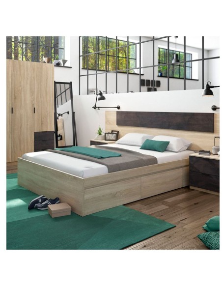 Cama Kendra 150x190 cm con 4 cajones – Melamina Roble Canadian