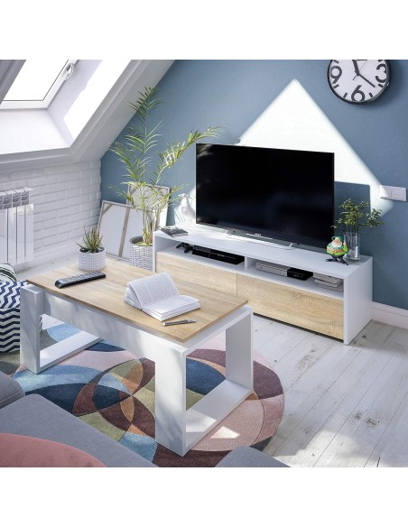 Mueble TV estilo nórdico blanco artik y roble canadian 130 cm