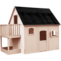 Casita de madera dúplex con arenero y espacio de juego