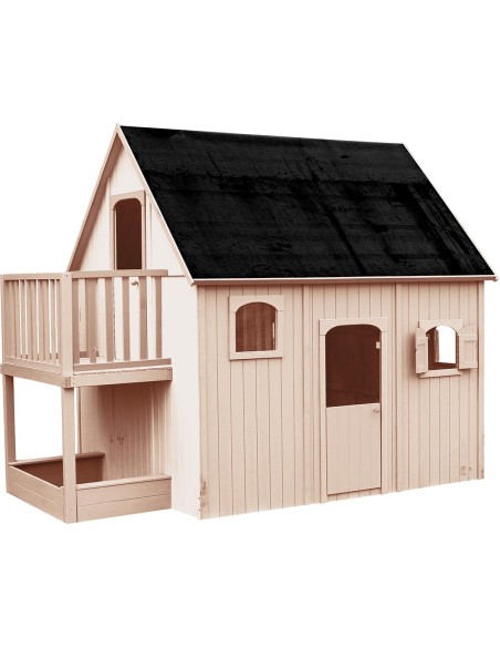 Casita de madera dúplex con arenero y espacio de juego