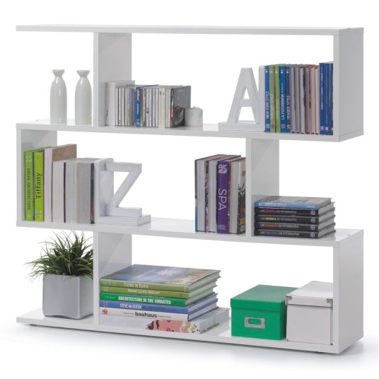 Estantería modular baja Danyerys con diseño asimétrico y acabado blanco brillo