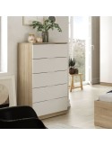 Cómoda Noon blanca y roble canadian con 5 cajones
