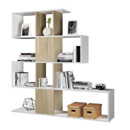 Estantería Zig-Zag blanca y roble con 4 alturas para libros y decoración.