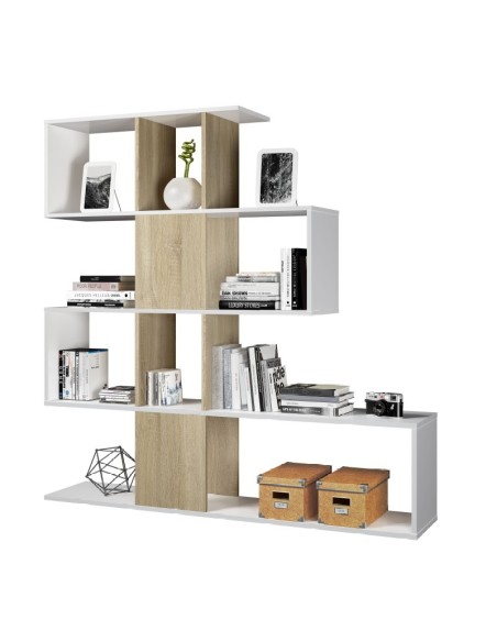 Estantería Zig-Zag blanca y roble con 4 alturas para libros y decoración.