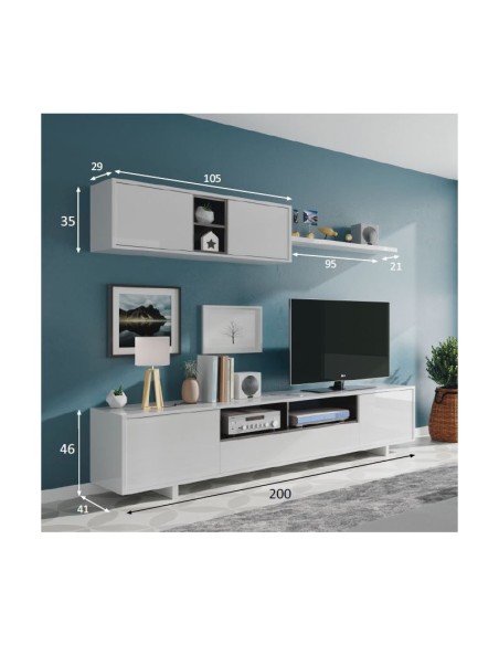 Mueble de salón Varys blanco brillo y gris antracita 200 cm