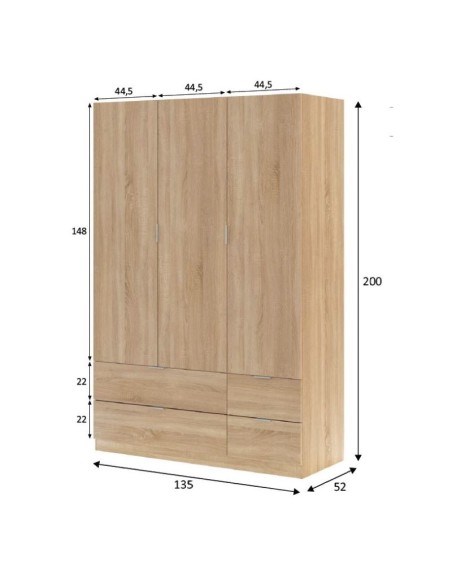 Armario Loft 3 puertas y 4 cajones 180x200x61 cm roble canadian