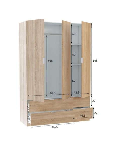 Armario Loft 3 puertas y 4 cajones 180x200x61 cm roble canadian