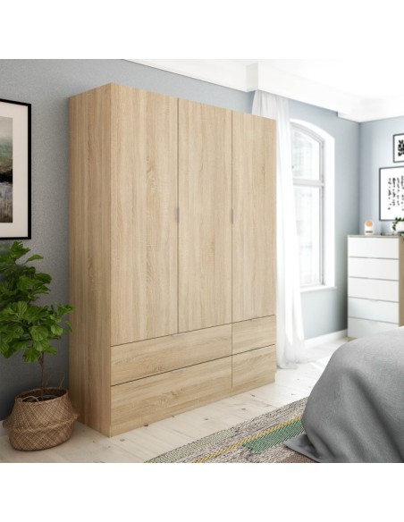 Armario Loft 3 puertas y 4 cajones 180x200x61 cm roble canadian
