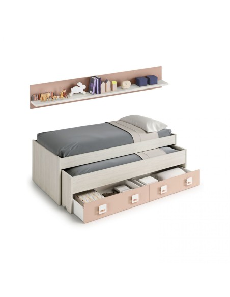 Cama nido juvenil Nube con cajones y estante blanco alpes/rosa