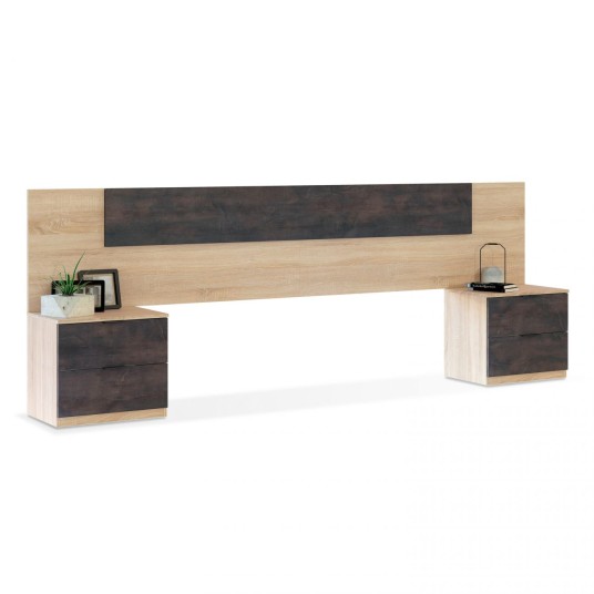 Conjunto dormitorio Noon cabecero y mesitas en óxido y roble canadian