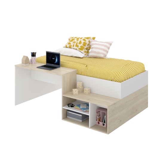 Cama compacta Kric roble natural y blanco con escritorio