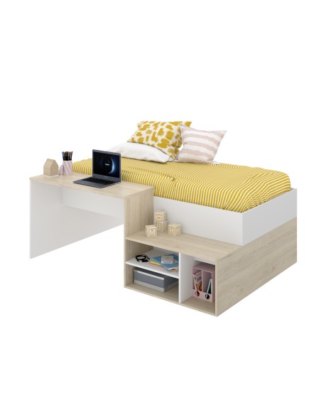 Cama compacta Kric roble natural y blanco con escritorio