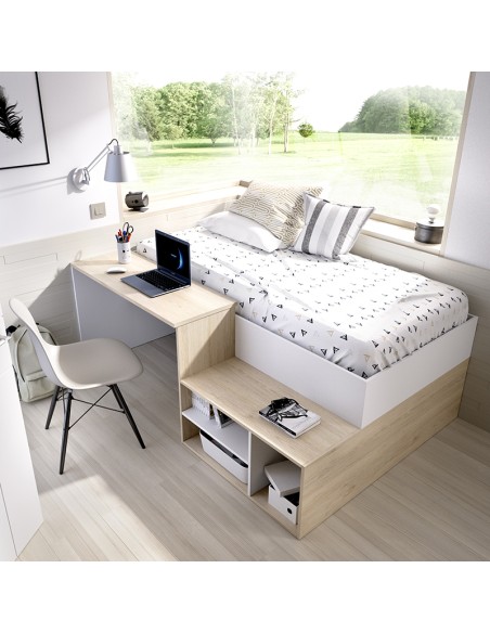 Cama Compacta Kric Roble Natural y Blanco 90x190 cm
