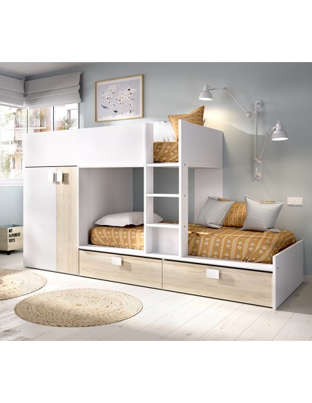 Cama Tren Matt Natural y Blanca con 2 Camas