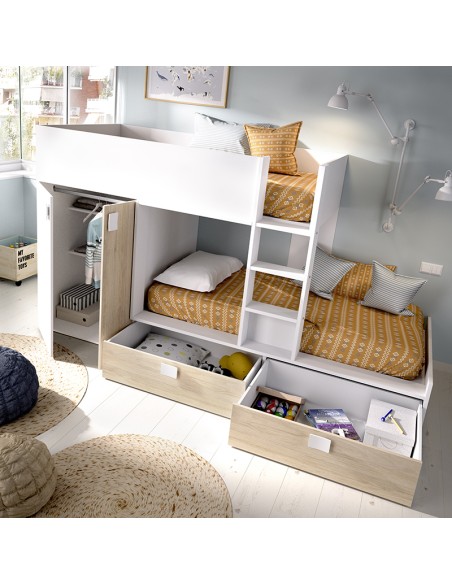 Cama Tren Matt Natural y Blanca con 2 Camas