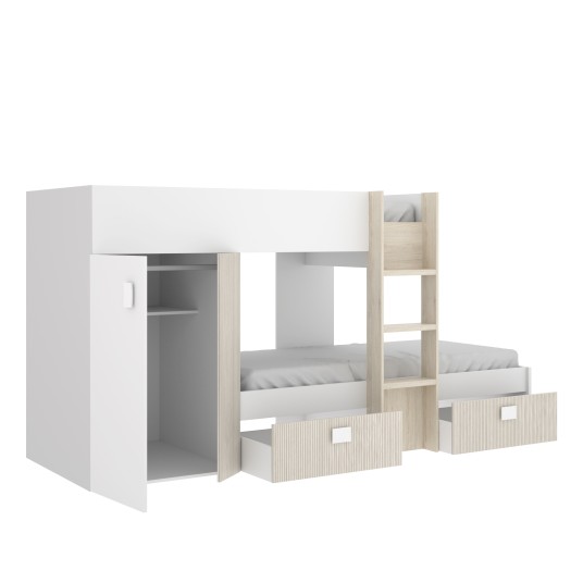 Cama tren Groe blanca, alistonado y natural con 2 camas