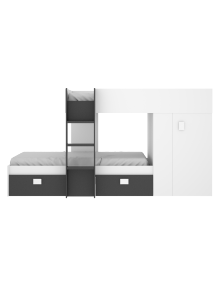 Cama Tren Groe Blanca y Grafito con 2 Camas, Armario y Cajones