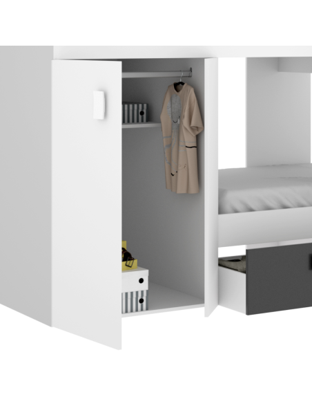 Cama Tren Groe Blanca y Grafito con 2 Camas, Armario y Cajones