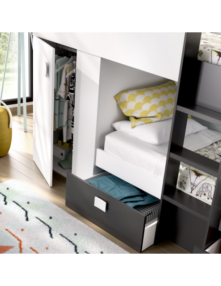 Cama Tren Groe Blanca y Grafito con 2 Camas, Armario y Cajones