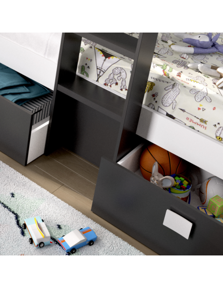 Cama Tren Groe Blanca y Grafito con 2 Camas, Armario y Cajones