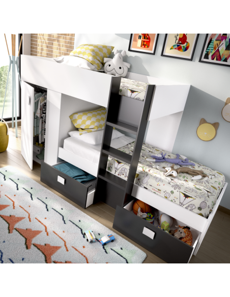 Cama Tren Groe Blanca y Grafito con 2 Camas, Armario y Cajones
