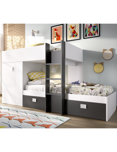 Cama Tren Groe Blanca y Grafito con 2 Camas, Armario y Cajones