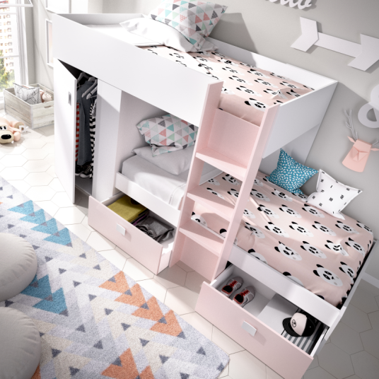 Cama Tren Groe Blanca y Rosa con 2 Camas