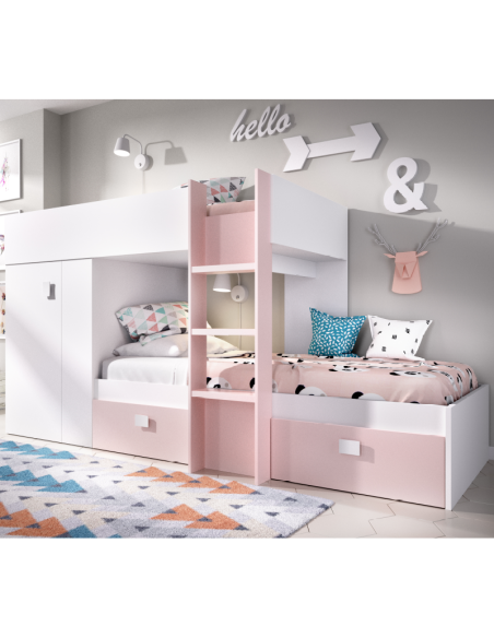 Cama Tren Groe Blanca y Rosa con 2 Camas
