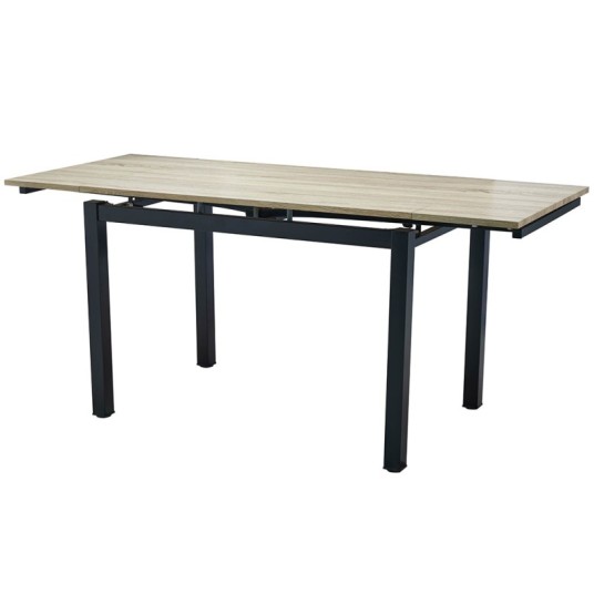 Mesa de comedor extensible Cameron en madera de roble con patas metálicas negras, ideal para salones modernos.