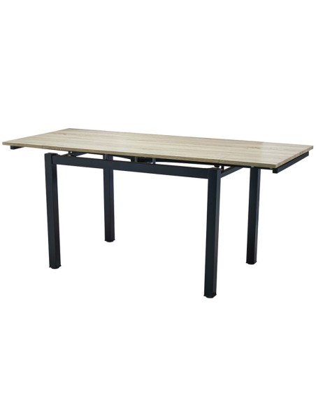 Mesa de comedor extensible Cameron en madera de roble con patas metálicas negras, ideal para salones modernos.