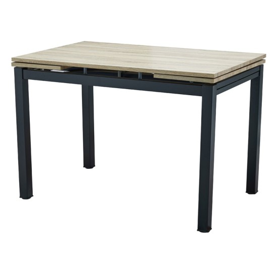 Mesa de comedor extensible Cameron en madera de roble con patas metálicas negras, ideal para salones modernos.
