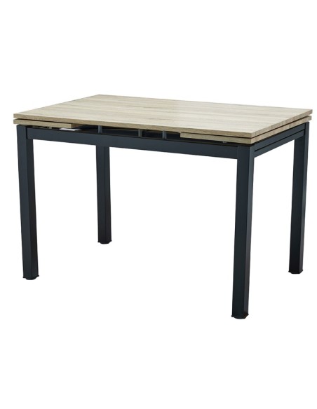 Mesa de comedor extensible Cameron en madera de roble con patas metálicas negras, ideal para salones modernos.