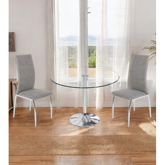 Silla de comedor Chiara tapizada en tela gris con patas metálicas tipo omega