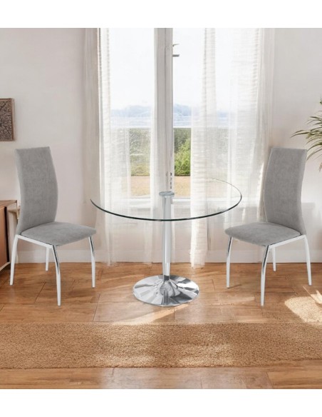 Silla de comedor Chiara tapizada en tela gris con patas metálicas tipo omega