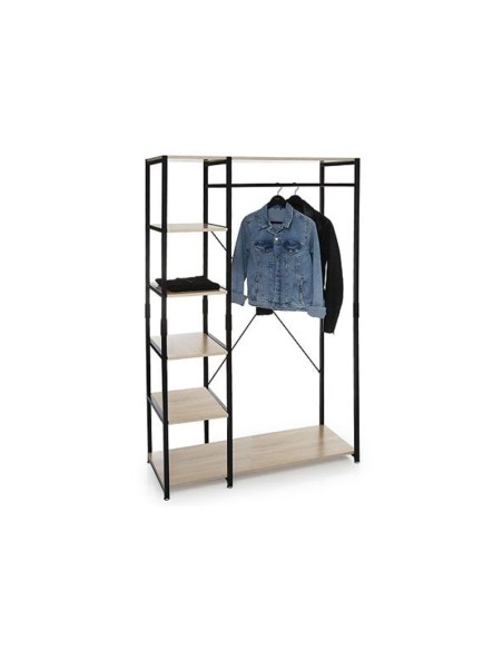 Armario Ropero Aliaj de madera y metal con barra y estantes abiertos – Ideal para espacios reducidos y organización práctica.