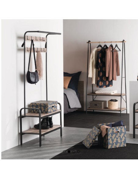Perchero de pie Jano con barra para ropa y baldas inferiores – metal y madera – diseño moderno – Bricomarian