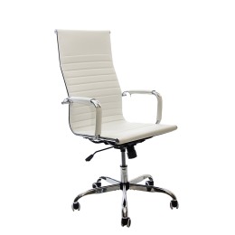Silla de oficina Tilma con tapizado simil piel blanco y estructura cromada con ruedas y ajuste de altura.