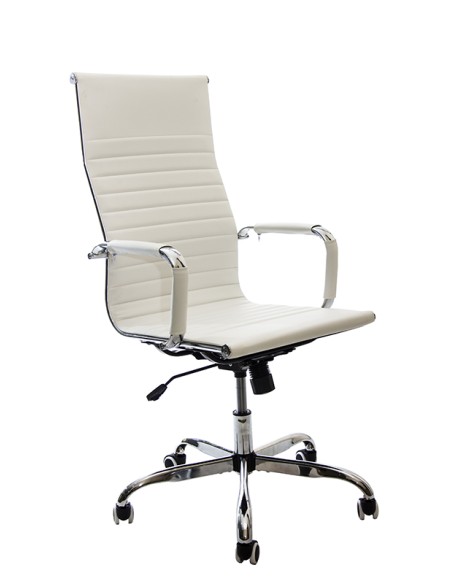 Silla de oficina Tilma con tapizado simil piel blanco y estructura cromada con ruedas y ajuste de altura.