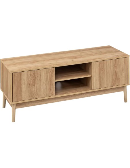 Mueble de televisión bajo con 2 puertas y patas de madera natural