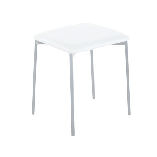 Taburete bajo Inaya con estructura de acero gris y asiento acolchado en PVC blanco, diseño moderno y confortable.