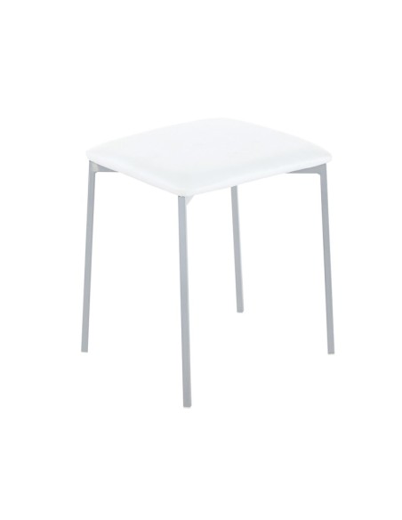 Taburete bajo Inaya con estructura de acero gris y asiento acolchado en PVC blanco, diseño moderno y confortable.