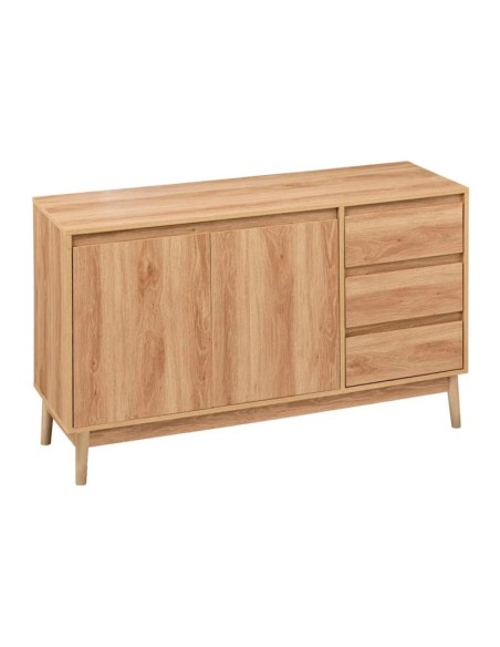 Aparador con 3 cajones y 2 puertas acabado madera natural con patas de pino
