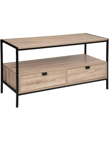 Mueble de TV Aliaj de madera y metal – 2 cajones y estante abierto. Estilo industrial en formato compacto.