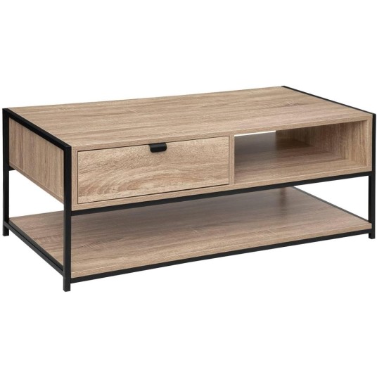 Mesa de centro Aliaj de madera y metal – 1 cajón y nicho. Estilo industrial funcional para salones modernos.
