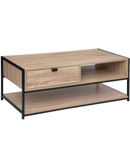 Mesa de centro Aliaj de madera y metal – 1 cajón y nicho. Estilo industrial funcional para salones modernos.