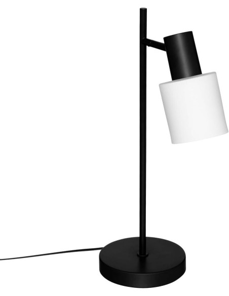Lámpara de sobremesa Tais negra con estructura metálica brillante y pantalla de piedra, diseño moderno para salón o dormitorio.