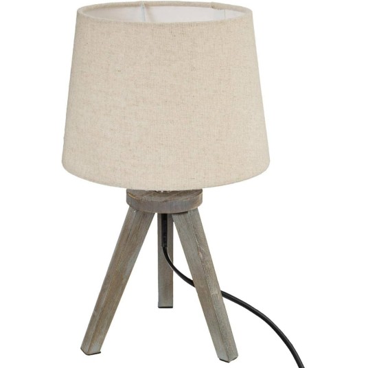 Lámpara trípode retro de sobremesa con base de madera y pantalla de algodón – Luz cálida