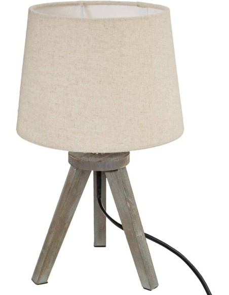 Lámpara trípode retro de sobremesa con base de madera y pantalla de algodón – Luz cálida