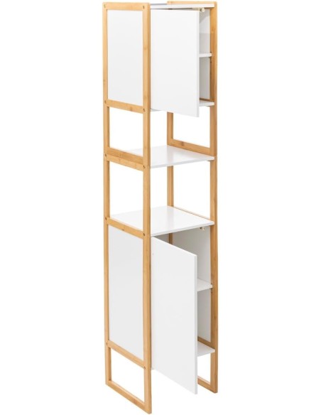 Columna de baño Natureo blanca con marco de bambú y dos puertas.